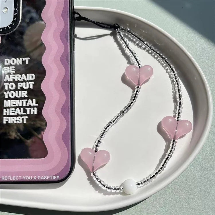 Beaded Phone Lanyard Glass Bead Heart Decor Phone Chain Anti-Lost, Length: 16cm+5cm