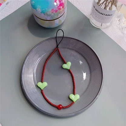 Beaded Phone Lanyard Glass Bead Heart Decor Phone Chain Anti-Lost, Length: 16cm+5cm