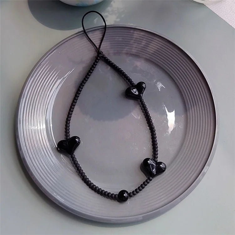 Beaded Phone Lanyard Glass Bead Heart Decor Phone Chain Anti-Lost, Length: 16cm+5cm