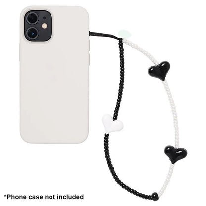 Beaded Phone Lanyard Glass Bead Heart Decor Phone Chain Anti-Lost, Length: 16cm+5cm