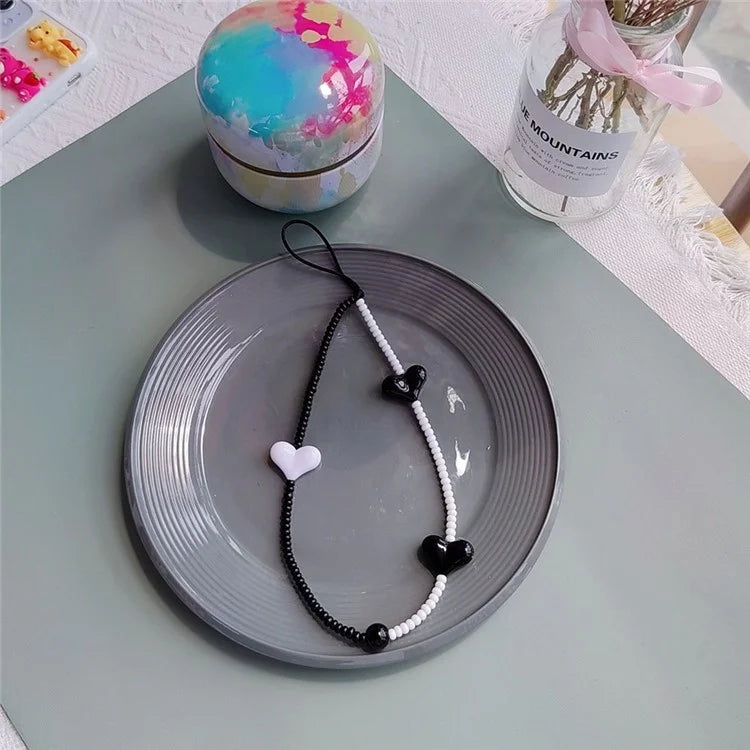 Beaded Phone Lanyard Glass Bead Heart Decor Phone Chain Anti-Lost, Length: 16cm+5cm