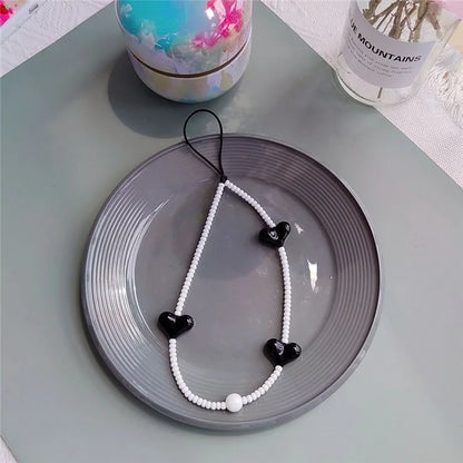 Beaded Phone Lanyard Glass Bead Heart Decor Phone Chain Anti-Lost, Length: 16cm+5cm