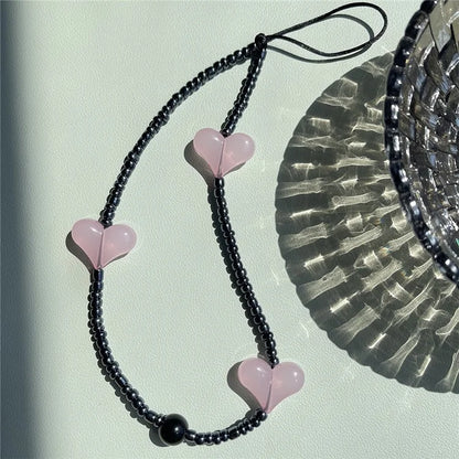 Beaded Phone Lanyard Glass Bead Heart Decor Phone Chain Anti-Lost, Length: 16cm+5cm
