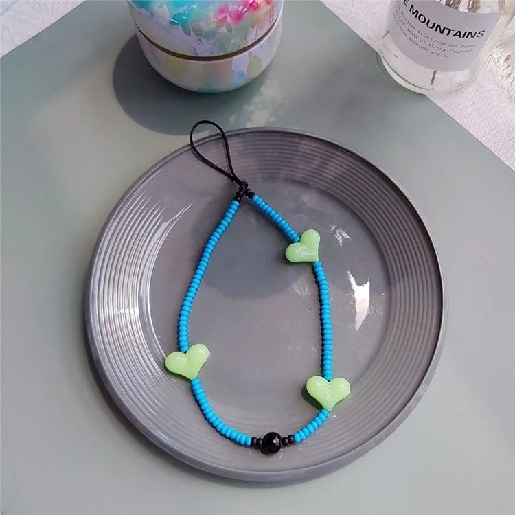 Beaded Phone Lanyard Glass Bead Heart Decor Phone Chain Anti-Lost, Length: 16cm+5cm