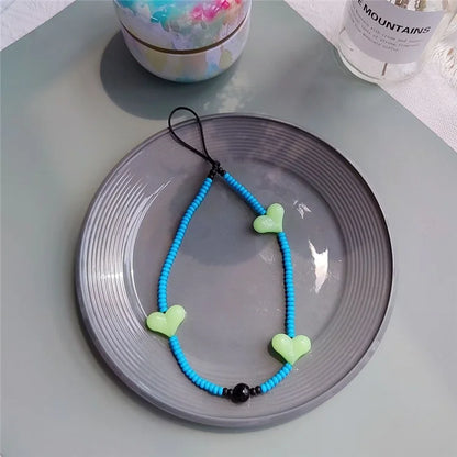 Beaded Phone Lanyard Glass Bead Heart Decor Phone Chain Anti-Lost, Length: 16cm+5cm