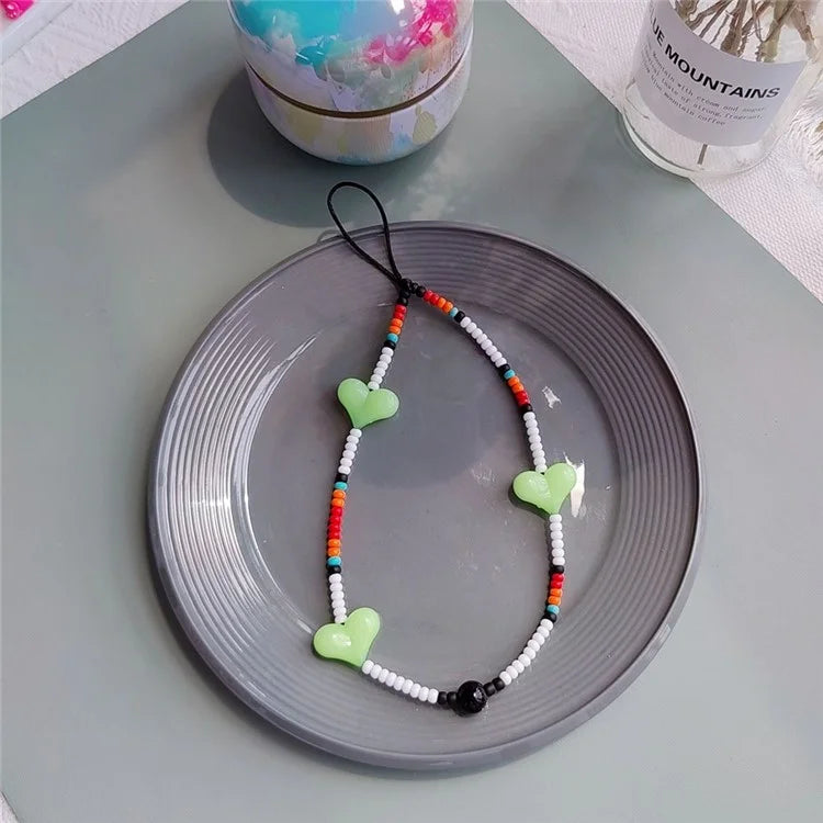 Beaded Phone Lanyard Glass Bead Heart Decor Phone Chain Anti-Lost, Length: 16cm+5cm