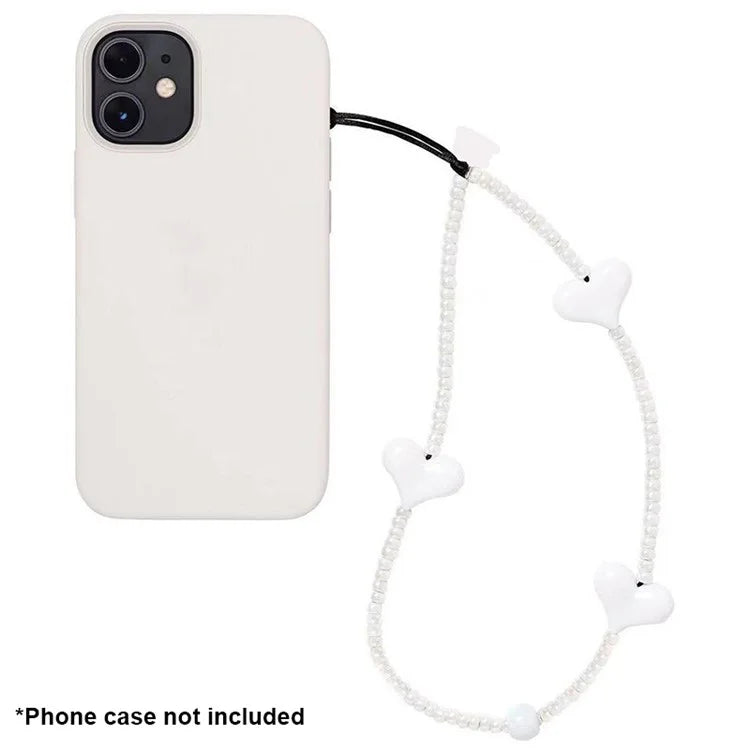Beaded Phone Lanyard Glass Bead Heart Decor Phone Chain Anti-Lost, Length: 16cm+5cm