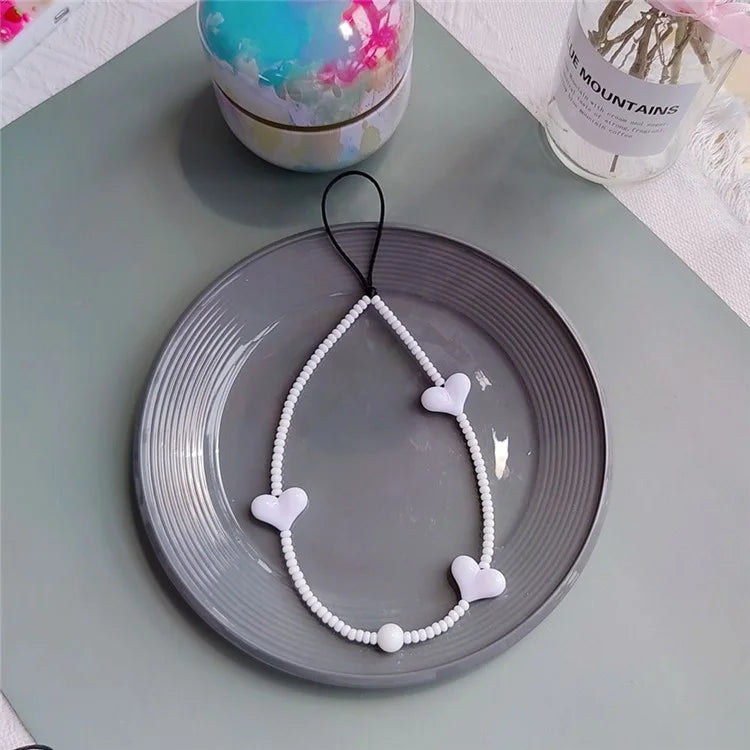 Beaded Phone Lanyard Glass Bead Heart Decor Phone Chain Anti-Lost, Length: 16cm+5cm