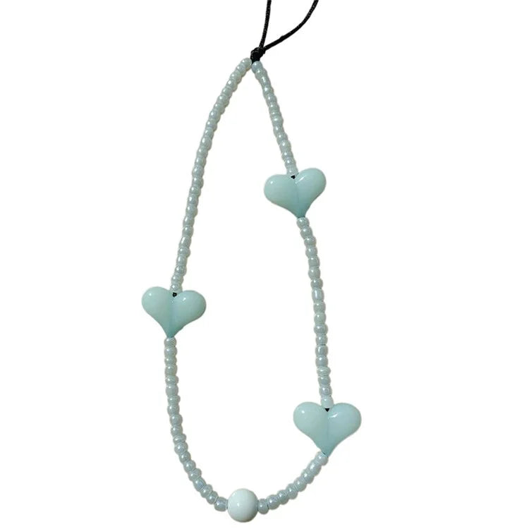 Beaded Phone Lanyard Glass Bead Heart Decor Phone Chain Anti-Lost, Length: 16cm+5cm