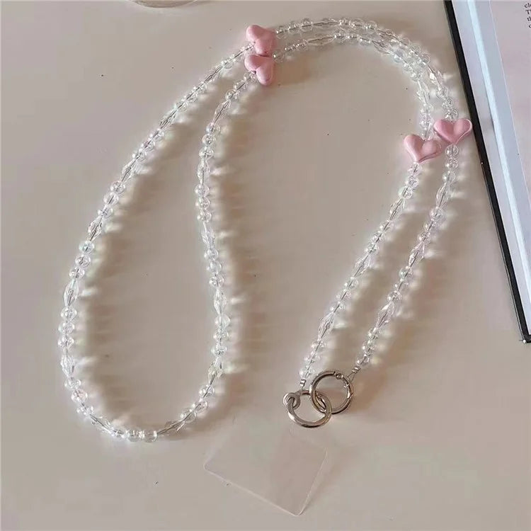 Phone Chain Crossbody Strap 120cm Heart Transparent Beaded Shoulder Lanyard with Tether Tab