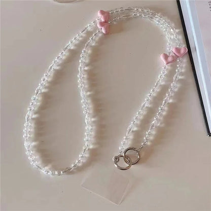 Phone Chain Crossbody Strap 120cm Heart Transparent Beaded Shoulder Lanyard with Tether Tab