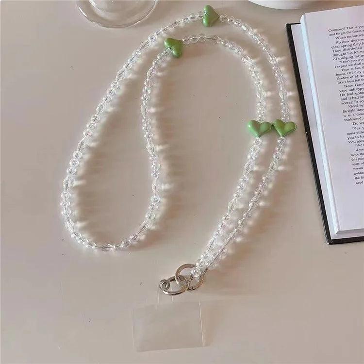 Phone Chain Crossbody Strap 120cm Heart Transparent Beaded Shoulder Lanyard with Tether Tab
