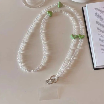 Phone Chain Crossbody Strap 120cm Heart Transparent Beaded Shoulder Lanyard with Tether Tab