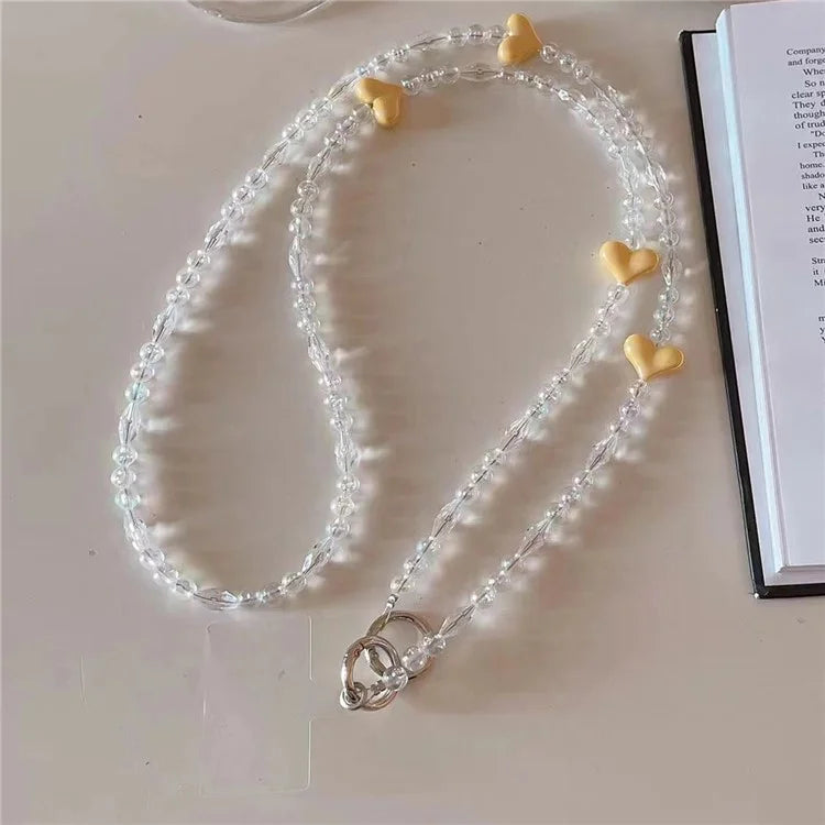 Phone Chain Crossbody Strap 120cm Heart Transparent Beaded Shoulder Lanyard with Tether Tab