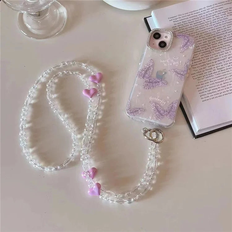 Phone Chain Crossbody Strap 120cm Heart Transparent Beaded Shoulder Lanyard with Tether Tab