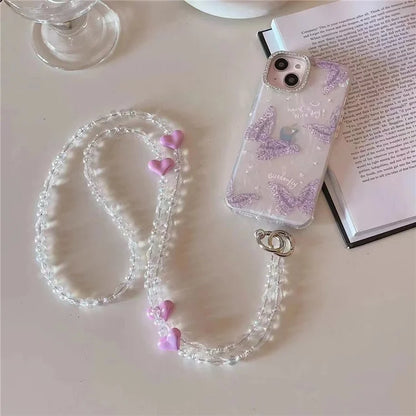 Phone Chain Crossbody Strap 120cm Heart Transparent Beaded Shoulder Lanyard with Tether Tab