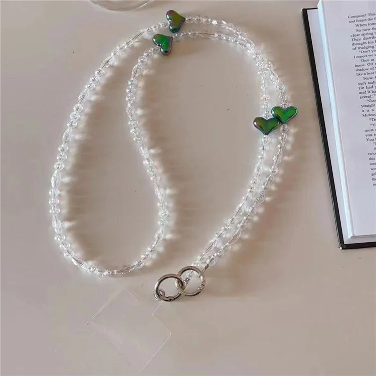 Phone Chain Crossbody Strap 120cm Heart Transparent Beaded Shoulder Lanyard with Tether Tab