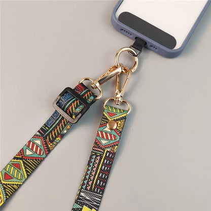 Crossbody Phone Lanyard Ethnic Style Nylon Phone Strap with Tether Tab + Hanging Ropes, Total Length: 120cm