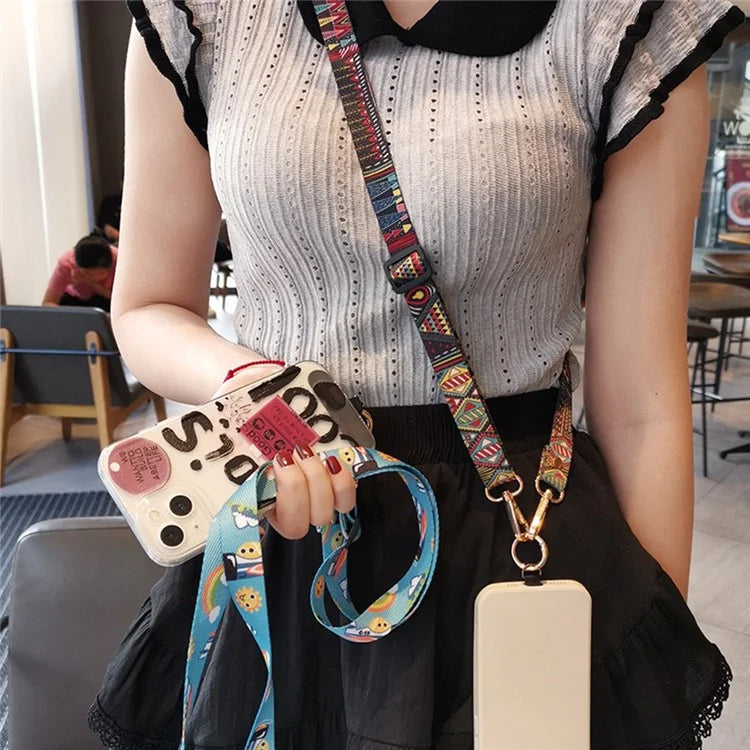 Crossbody Phone Lanyard Ethnic Style Nylon Phone Strap with Tether Tab + Hanging Ropes, Total Length: 120cm