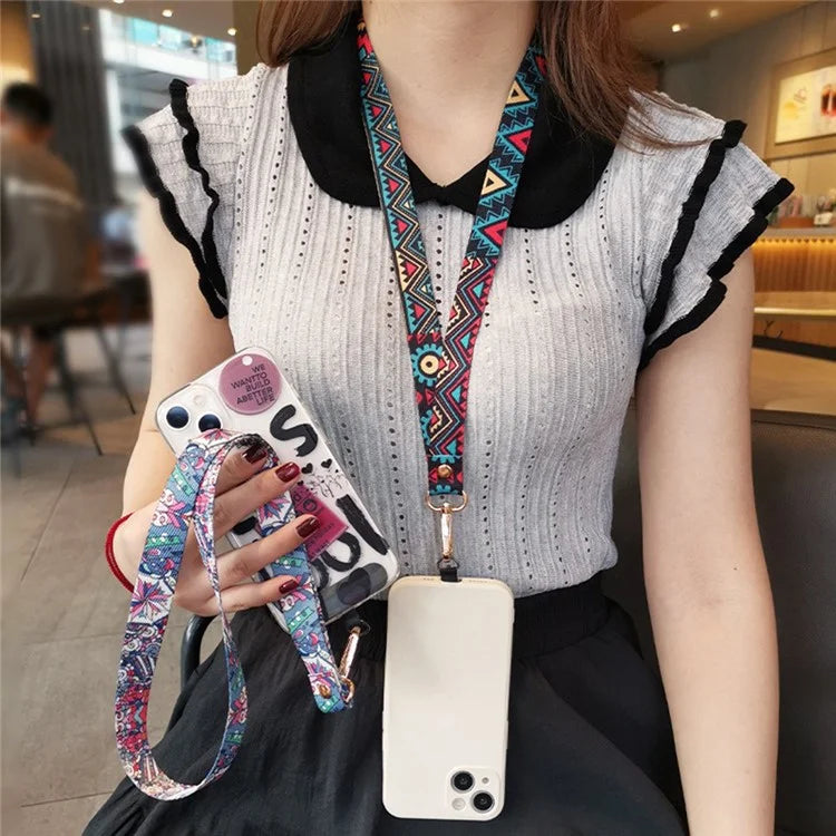 Phone Lanyard Ethnic Style Nylon Phone Neck Phone Charm with Tether Tab + Hanging Rope, Folded Length: 40cm