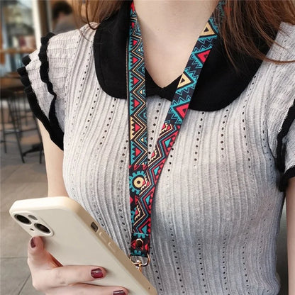 Phone Lanyard Ethnic Style Nylon Phone Neck Phone Charm with Tether Tab + Hanging Rope, Folded Length: 40cm