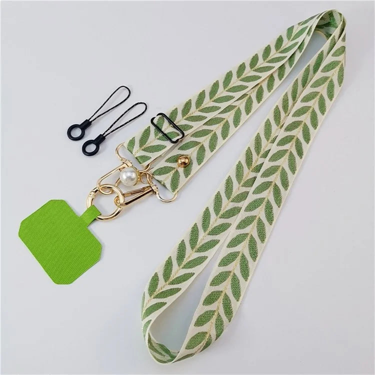 Crossbody Phone Lanyard Adjustable Leaf Pattern Fabric Phone Strap with Tether Tab + Hanging Ropes, Folded Length: 64cm