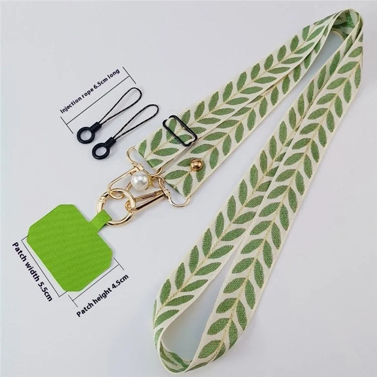 Crossbody Phone Lanyard Adjustable Leaf Pattern Fabric Phone Strap with Tether Tab + Hanging Ropes, Folded Length: 64cm