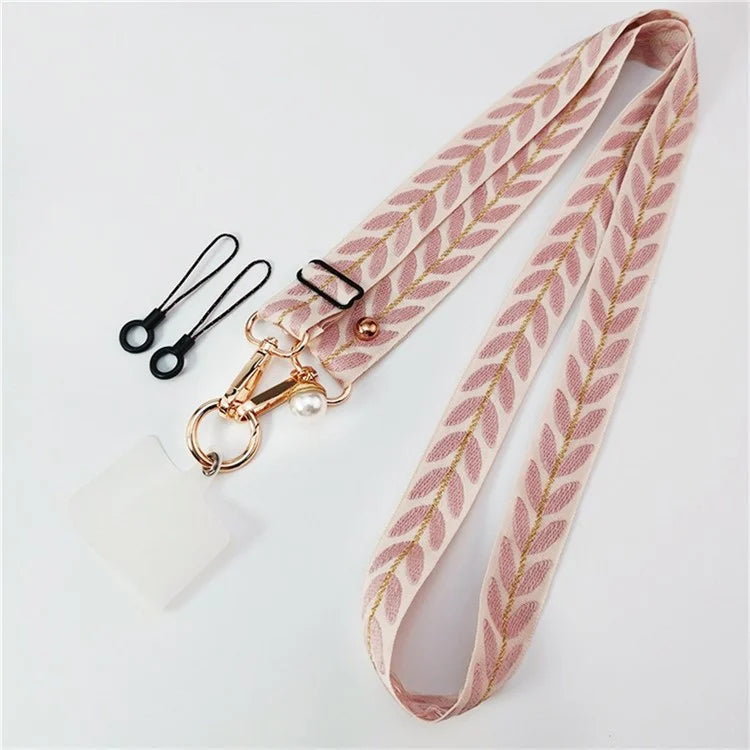 Crossbody Phone Lanyard Adjustable Leaf Pattern Fabric Phone Strap with Tether Tab + Hanging Ropes, Folded Length: 64cm