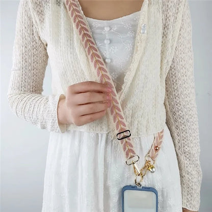 Crossbody Phone Lanyard Adjustable Leaf Pattern Fabric Phone Strap with Tether Tab + Hanging Ropes, Folded Length: 64cm