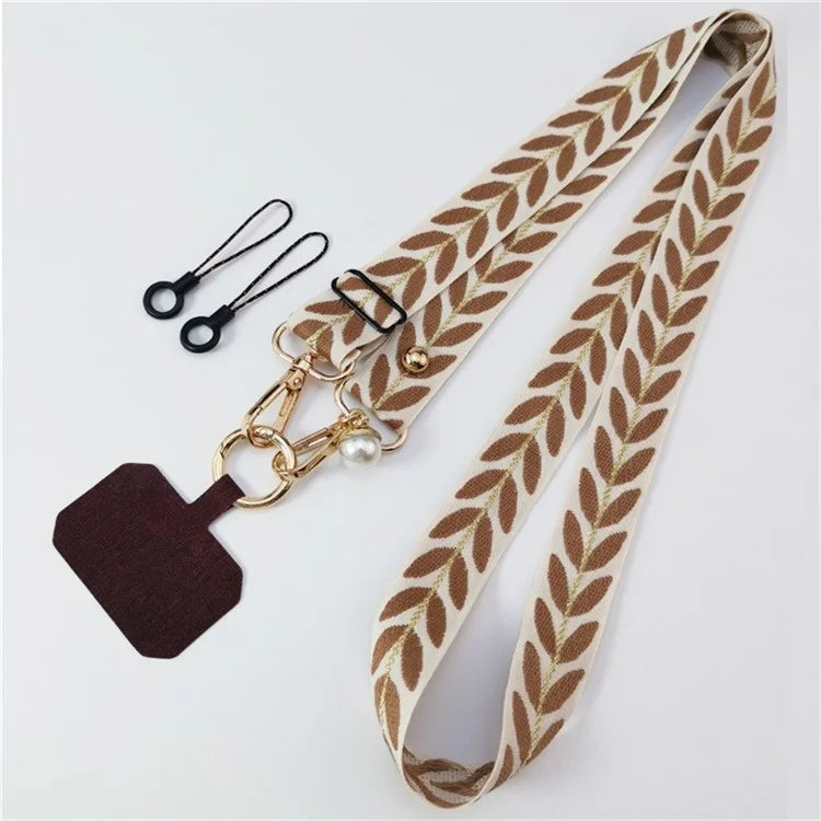 Crossbody Phone Lanyard Adjustable Leaf Pattern Fabric Phone Strap with Tether Tab + Hanging Ropes, Folded Length: 64cm
