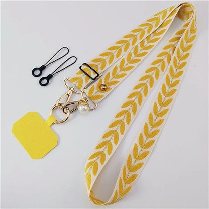 Crossbody Phone Lanyard Adjustable Leaf Pattern Fabric Phone Strap with Tether Tab + Hanging Ropes, Folded Length: 64cm