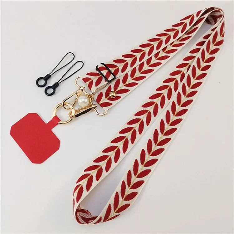 Crossbody Phone Lanyard Adjustable Leaf Pattern Fabric Phone Strap with Tether Tab + Hanging Ropes, Folded Length: 64cm