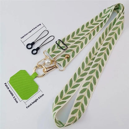Crossbody Phone Lanyard Adjustable Leaf Pattern Fabric Phone Strap with Tether Tab + Hanging Ropes, Folded Length: 64cm