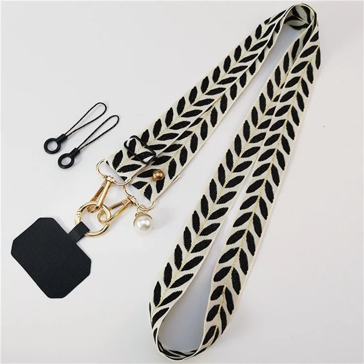 Crossbody Phone Lanyard Adjustable Leaf Pattern Fabric Phone Strap with Tether Tab + Hanging Ropes, Folded Length: 64cm