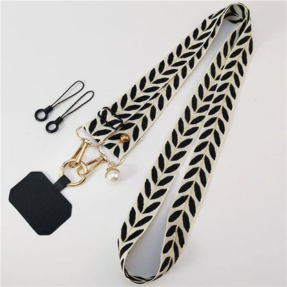 Crossbody Phone Lanyard Adjustable Leaf Pattern Fabric Phone Strap with Tether Tab + Hanging Ropes, Folded Length: 64cm