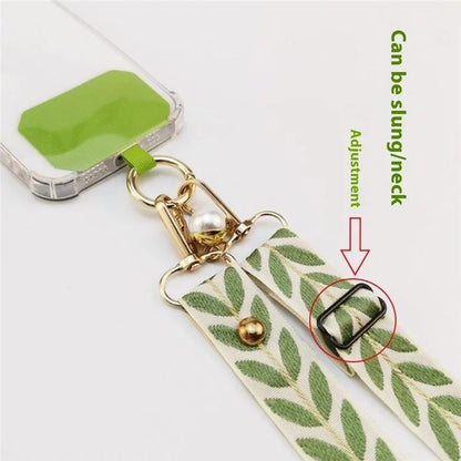 Crossbody Phone Lanyard Adjustable Leaf Pattern Fabric Phone Strap with Tether Tab + Hanging Ropes, Folded Length: 64cm