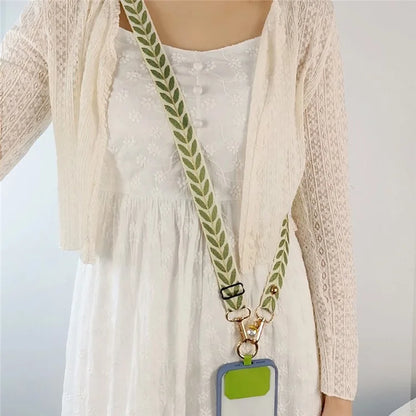 Crossbody Phone Lanyard Adjustable Leaf Pattern Fabric Phone Strap with Tether Tab + Hanging Ropes, Folded Length: 64cm