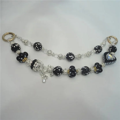 Beaded Phone Lanyard Dual Chain Wrist Strap 25cm Sparkling Hands-Free Wristlet Bracelet with Tether Tab