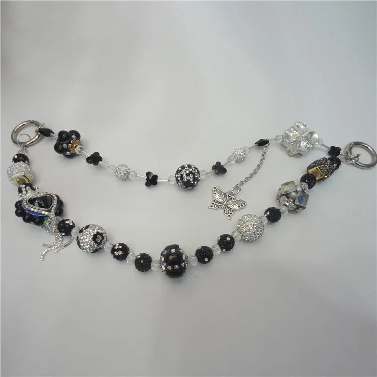 Beaded Phone Lanyard Dual Chain Wrist Strap 25cm Sparkling Hands-Free Wristlet Bracelet with Tether Tab