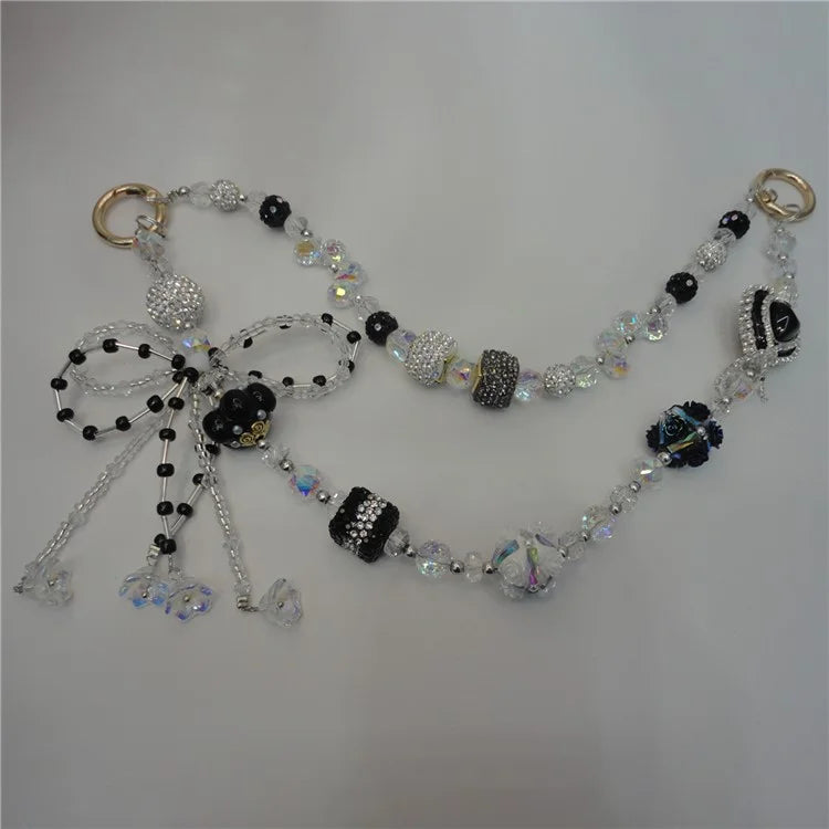 Beaded Phone Lanyard Dual Chain Wrist Strap 25cm Sparkling Hands-Free Wristlet Bracelet with Tether Tab