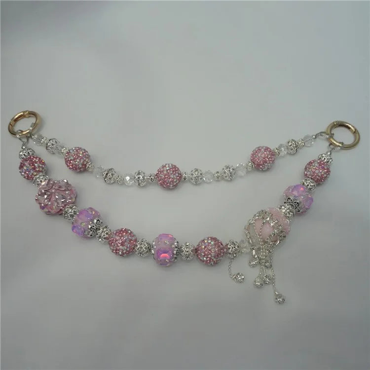 Beaded Phone Lanyard Dual Chain Wrist Strap 25cm Sparkling Hands-Free Wristlet Bracelet with Tether Tab