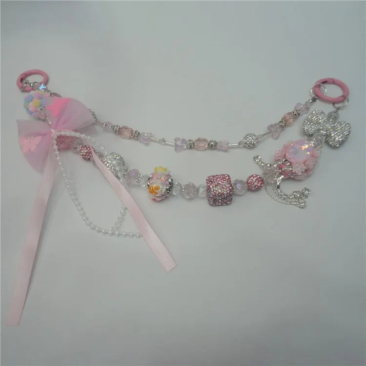 Beaded Phone Lanyard Dual Chain Wrist Strap 25cm Sparkling Hands-Free Wristlet Bracelet with Tether Tab