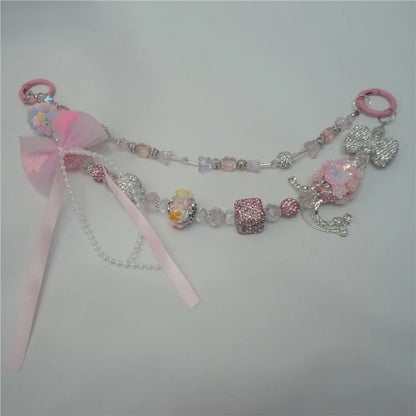 Beaded Phone Lanyard Dual Chain Wrist Strap 25cm Sparkling Hands-Free Wristlet Bracelet with Tether Tab