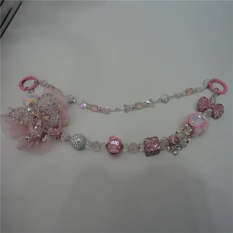 Beaded Phone Lanyard Dual Chain Wrist Strap 25cm Sparkling Hands-Free Wristlet Bracelet with Tether Tab