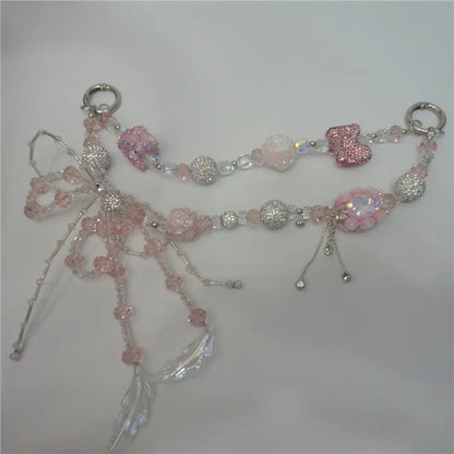Beaded Phone Lanyard Dual Chain Wrist Strap 25cm Sparkling Hands-Free Wristlet Bracelet with Tether Tab