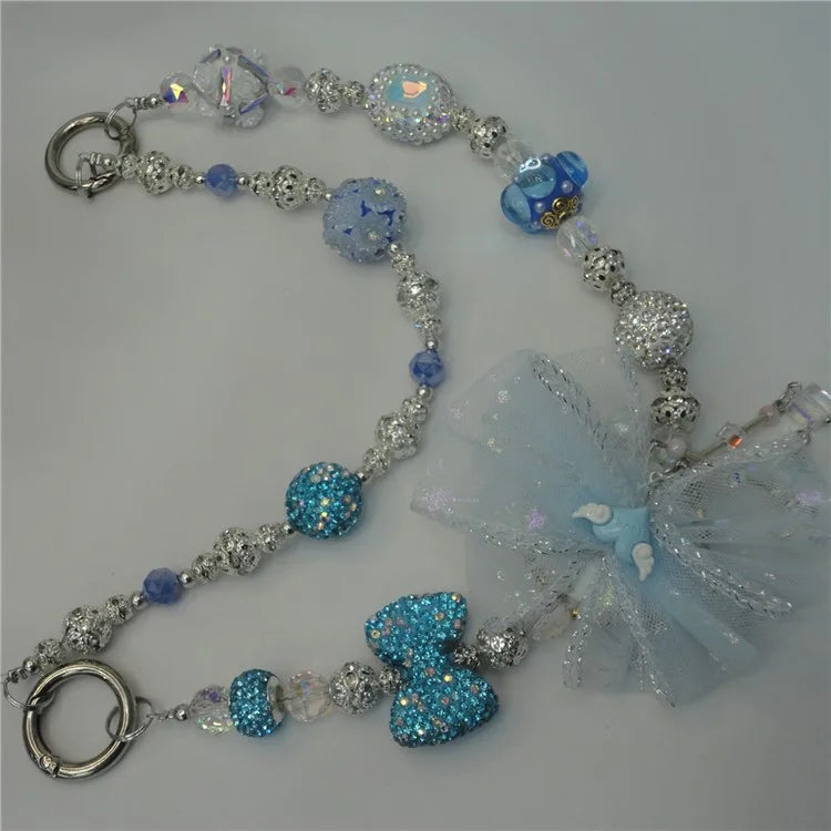 Beaded Phone Lanyard Dual Chain Wrist Strap 25cm Sparkling Hands-Free Wristlet Bracelet with Tether Tab