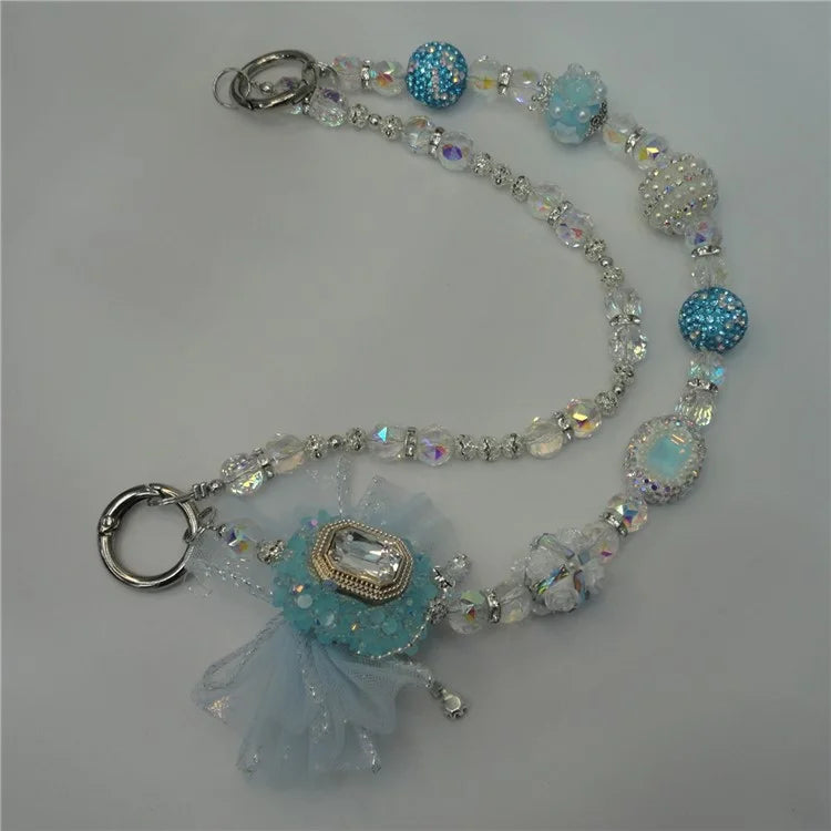 Beaded Phone Lanyard Dual Chain Wrist Strap 25cm Sparkling Hands-Free Wristlet Bracelet with Tether Tab