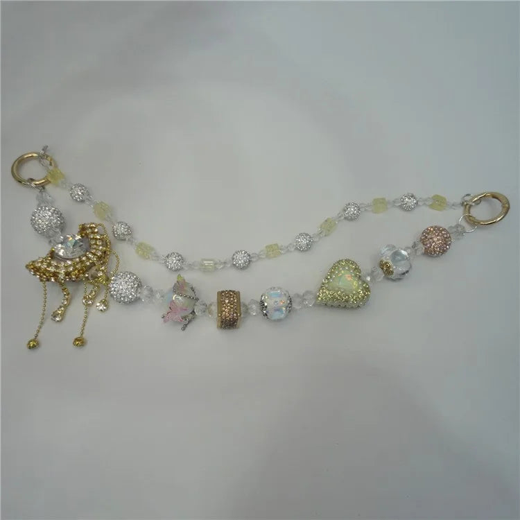 Beaded Phone Lanyard Dual Chain Wrist Strap 25cm Sparkling Hands-Free Wristlet Bracelet with Tether Tab