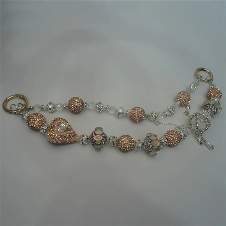 Beaded Phone Lanyard Dual Chain Wrist Strap 25cm Sparkling Hands-Free Wristlet Bracelet with Tether Tab
