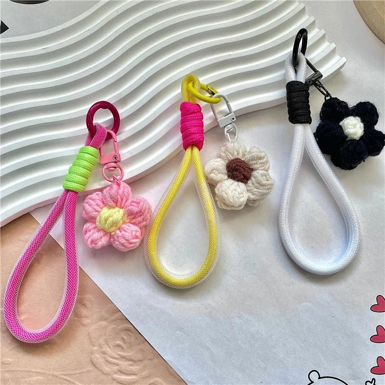 Phone Charms 15cm Hand Woven Flower Keychain Wristlet Strap Polyester Anti-Loss String